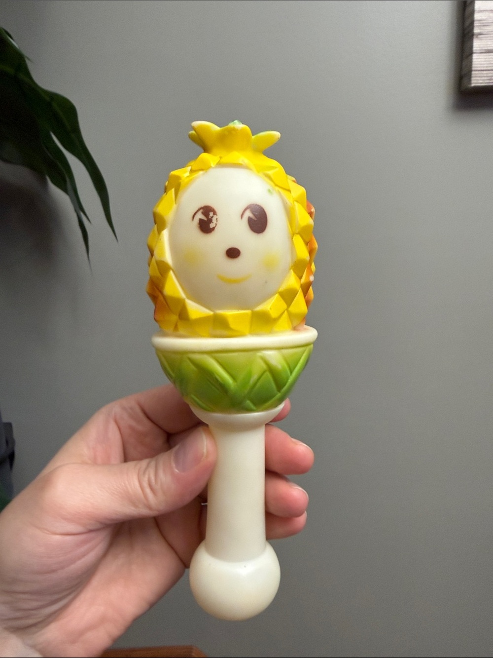 Vintage 1980s Anthropomorphic Pineapple-Shaped Baby Rattle Squeak Squeaker Toy